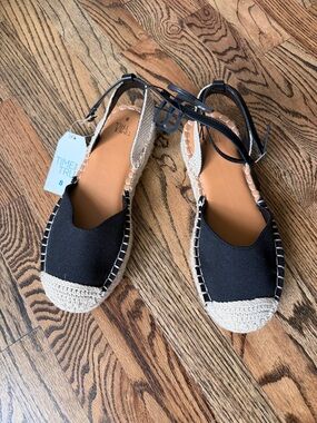 Time and Tru Black and Beige Espadrille Ankle-Strap Flats